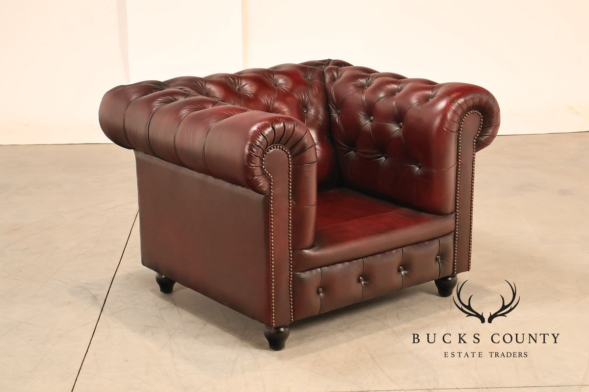 Chesterfield Style Pair of Oxford Red Leather Club Chairs