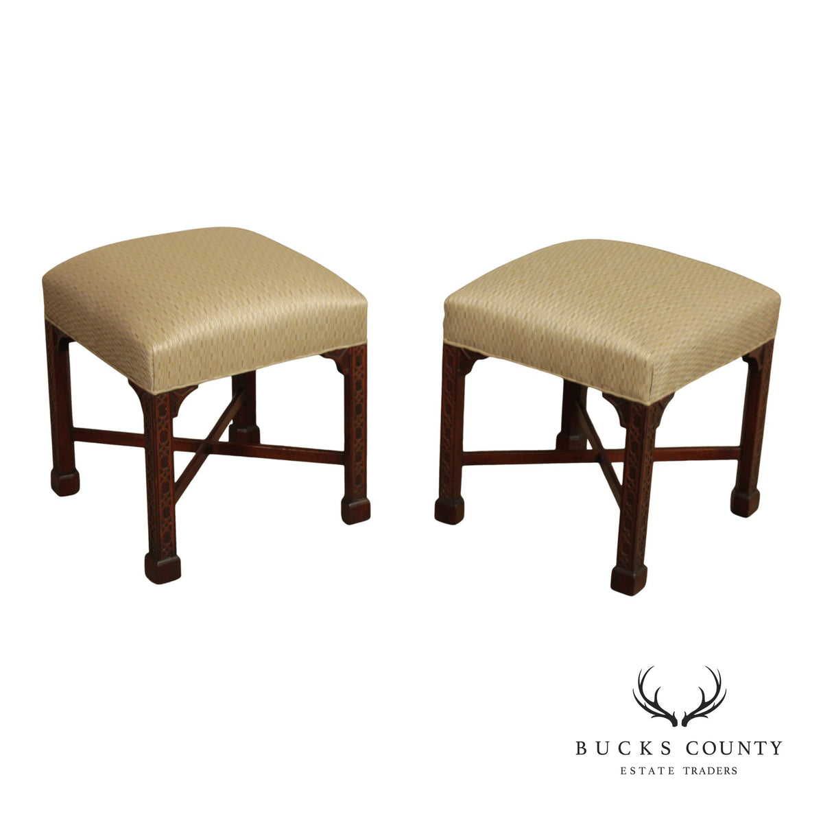 Chinese Chippendale Style Pair of Mahogany Stools