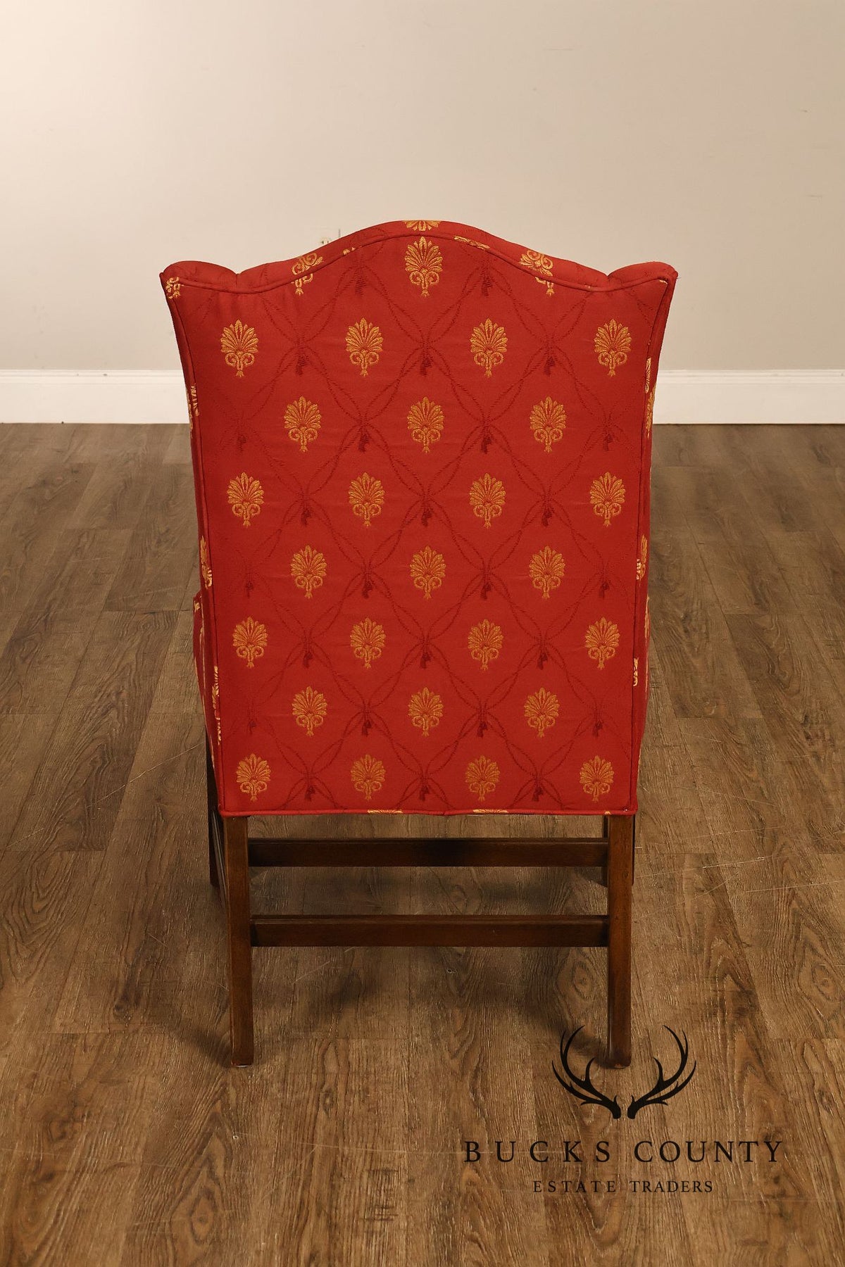 Pair Of Red And Gold Upholstered Wingback Accent Chairs With H-Stretcher Bases