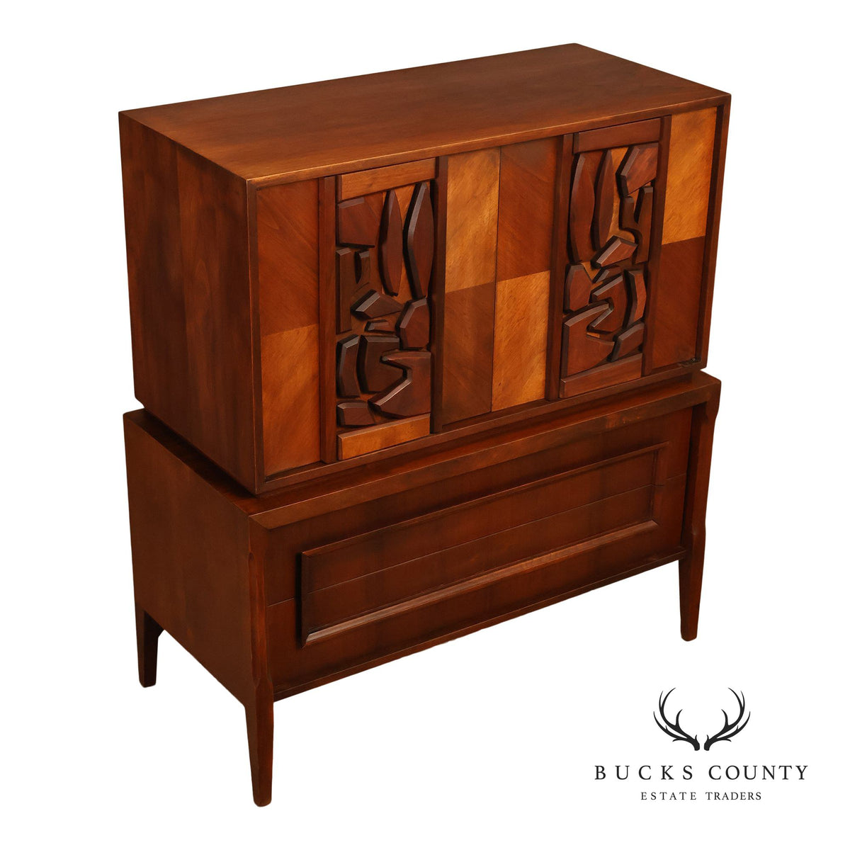 United Furniture 'Tiki' Brutalist Sculpted Walnut Tall Chest