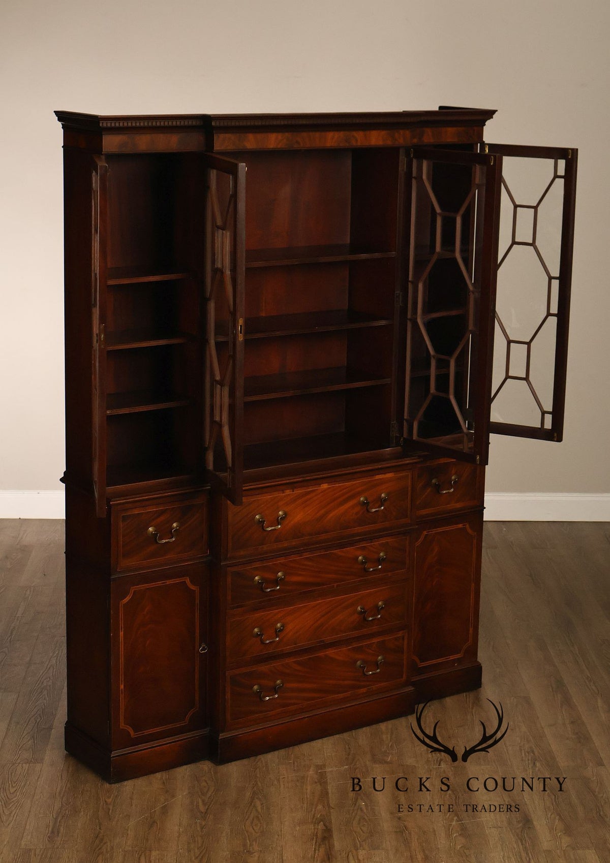 Georgian Style Mahogany Breakfront China Cabinet With Secretary Desk