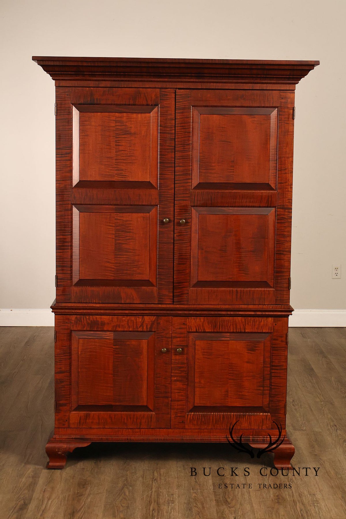 Custom Tiger Maple Two-Piece Four-Door Cabinet Armoire
