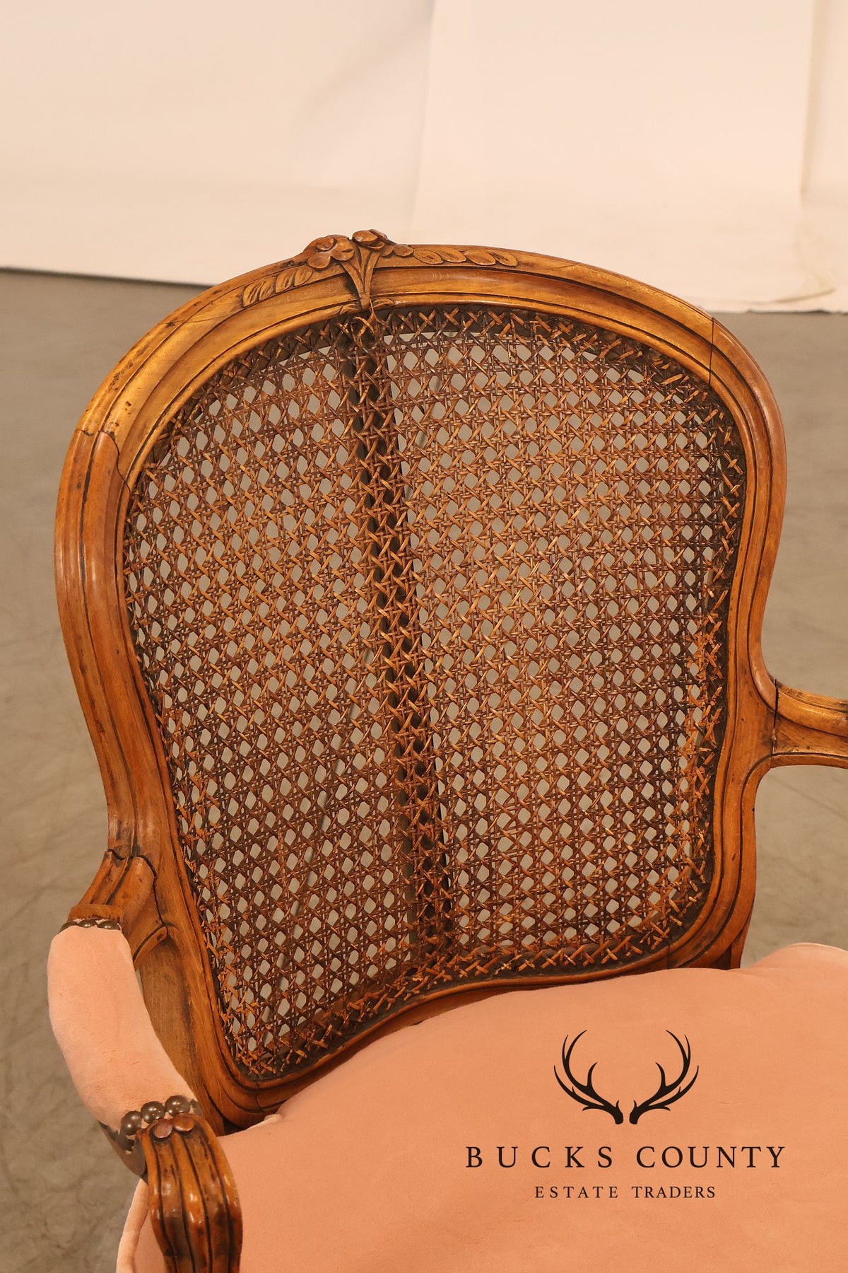 Antique French Louis XV Style Pair Of Carved Wood Caned Armchairs