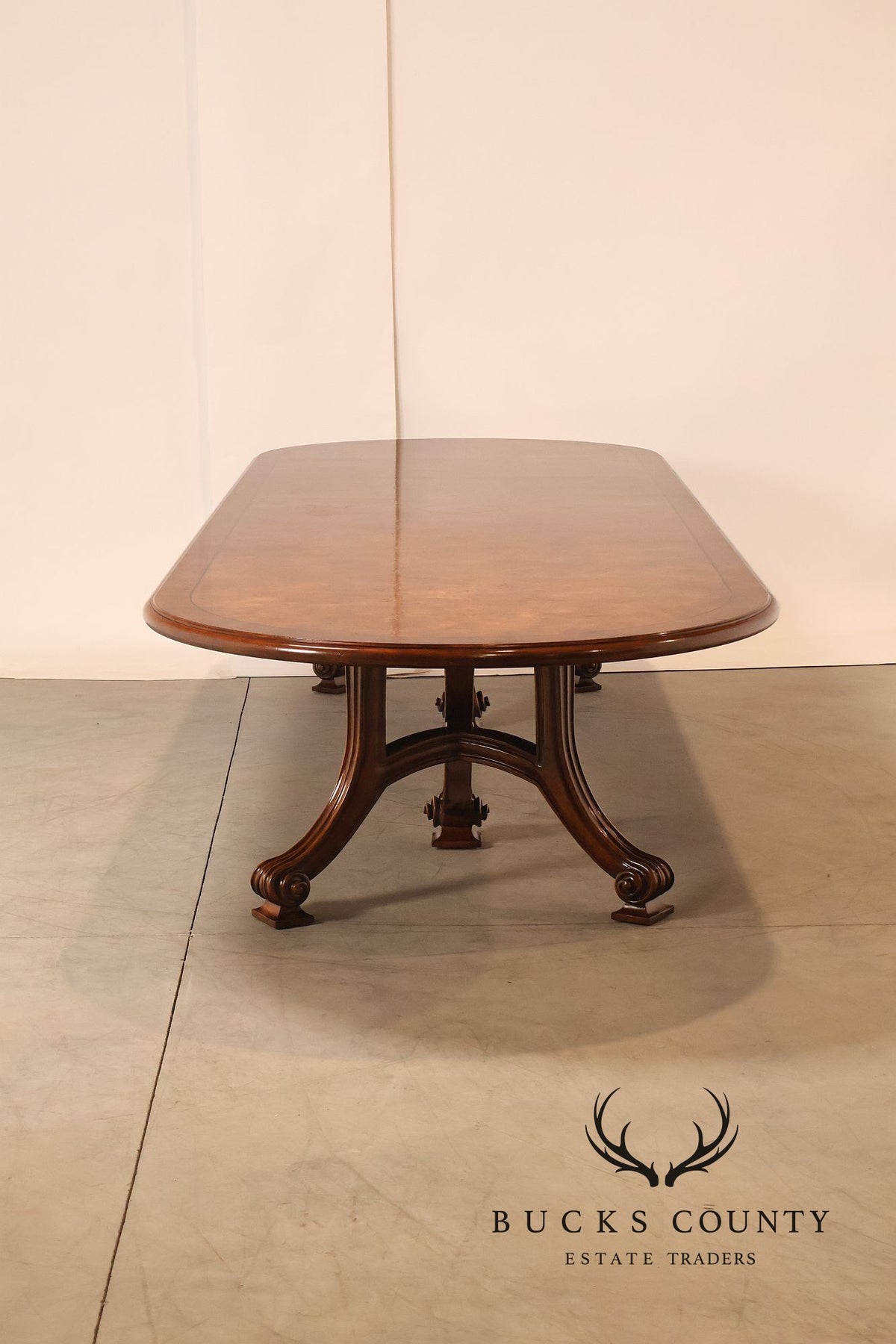 Dessin Fournir Banded Burlwood Large Double Pedestal Banquet Dining Table