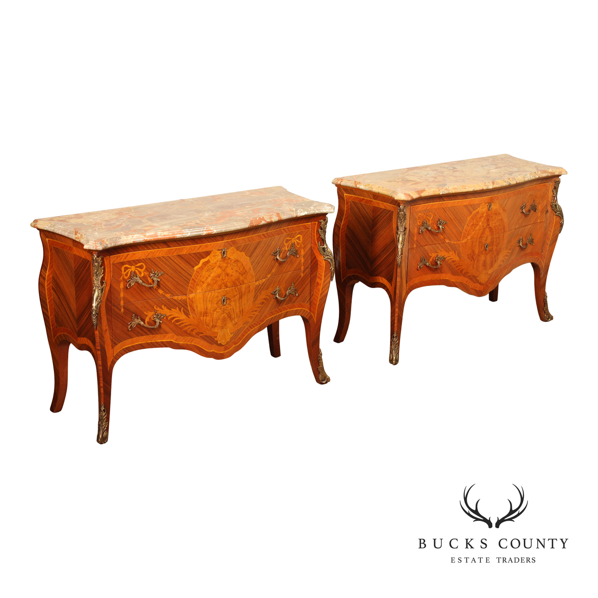 Louis XV Style Pair Of Marquetry Inlaid Marble Top Bombe Commodes
