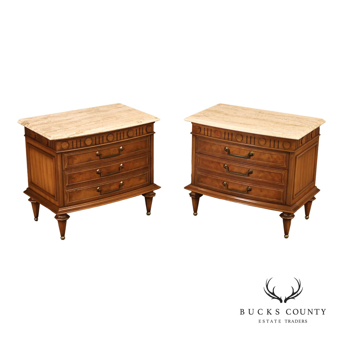 Pair Of Neoclassical Style Travertine Top Three Drawer Nightstands