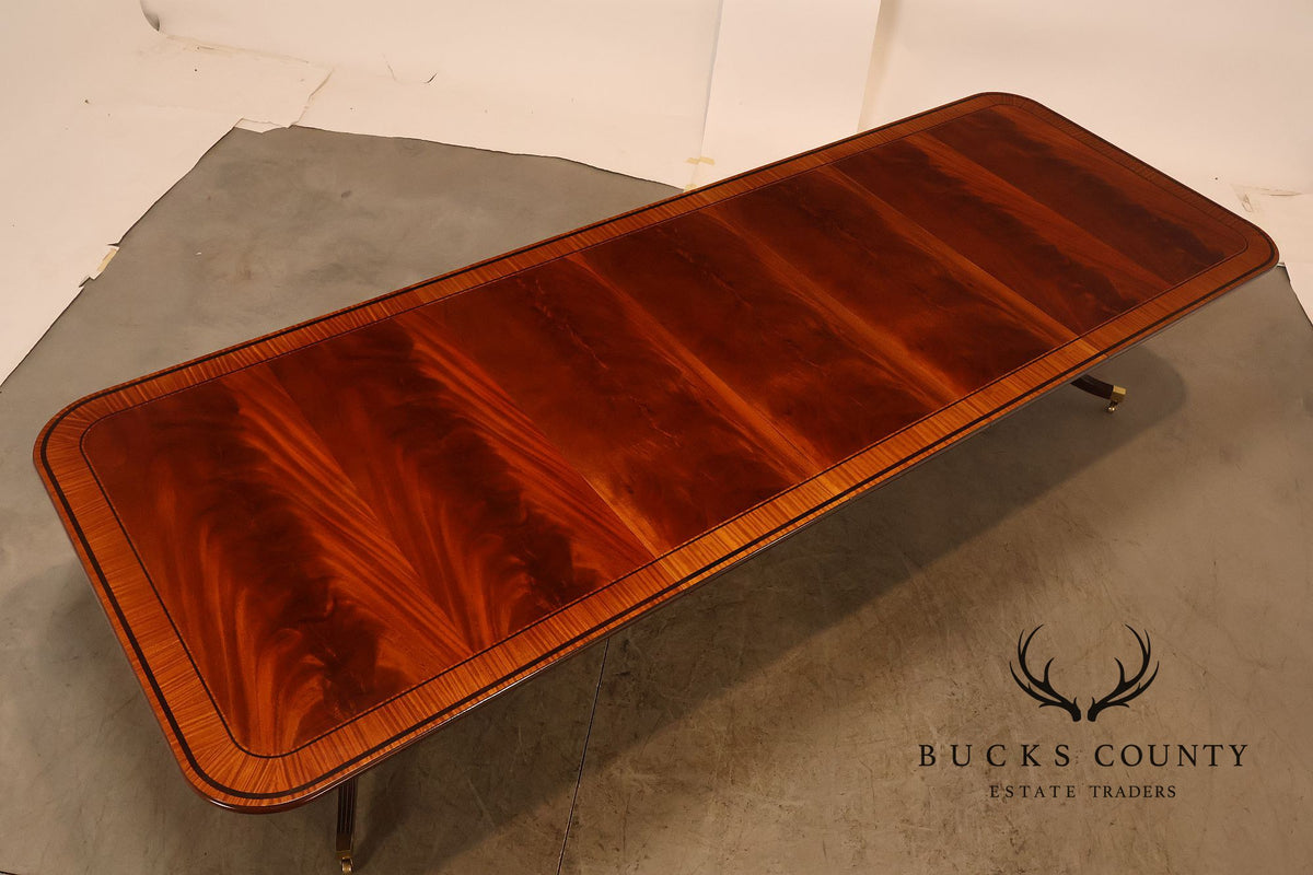 Baker Furniture Mahogany Banded Double Pedestal Extension Dining Table With Three Leaves