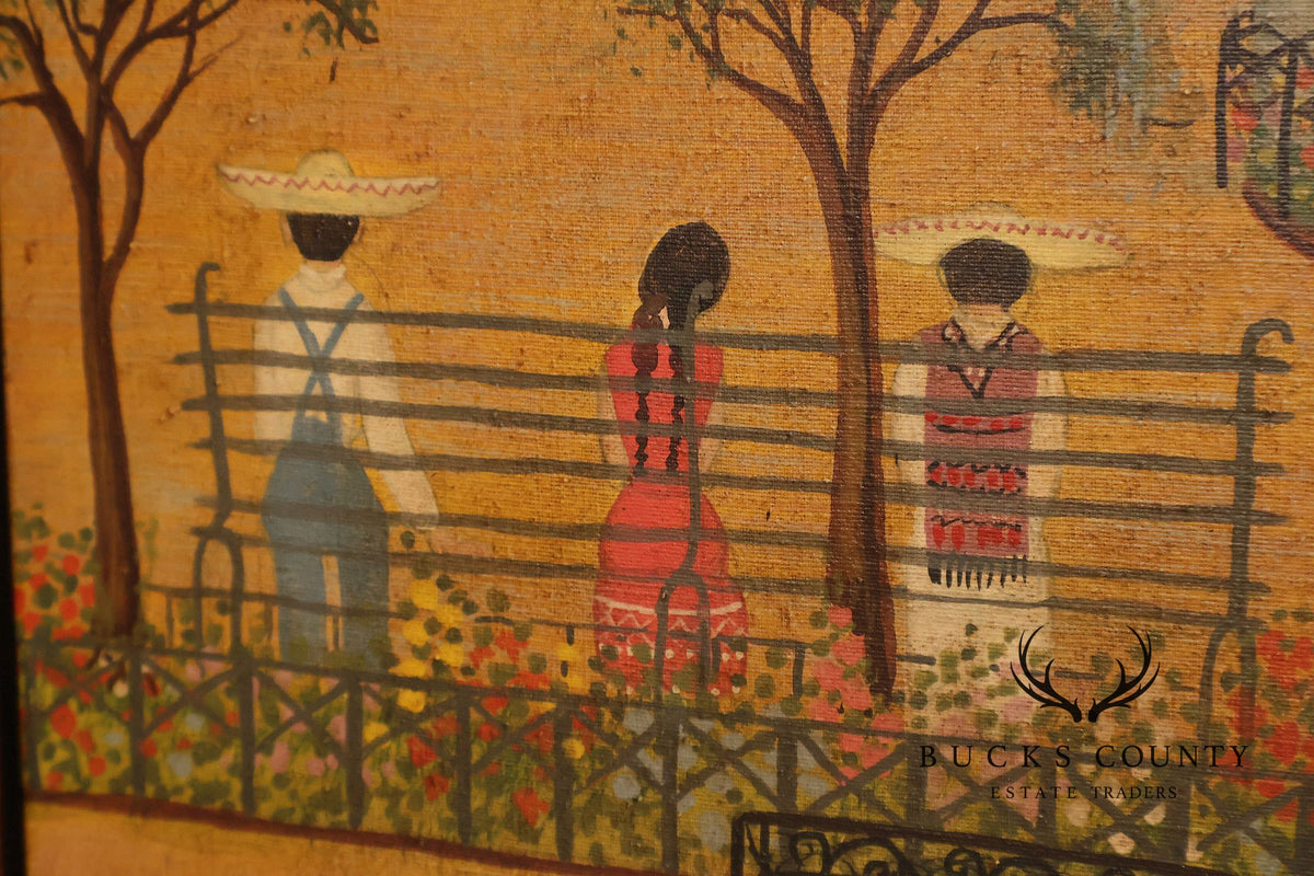Original Mexican Oil Folk Art Garden And Carriage Scene Painting By R Torres