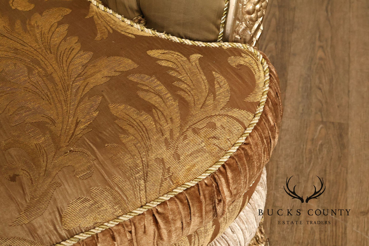 Tufted Rococo Camelback Sofa With Carved Gilt Trim