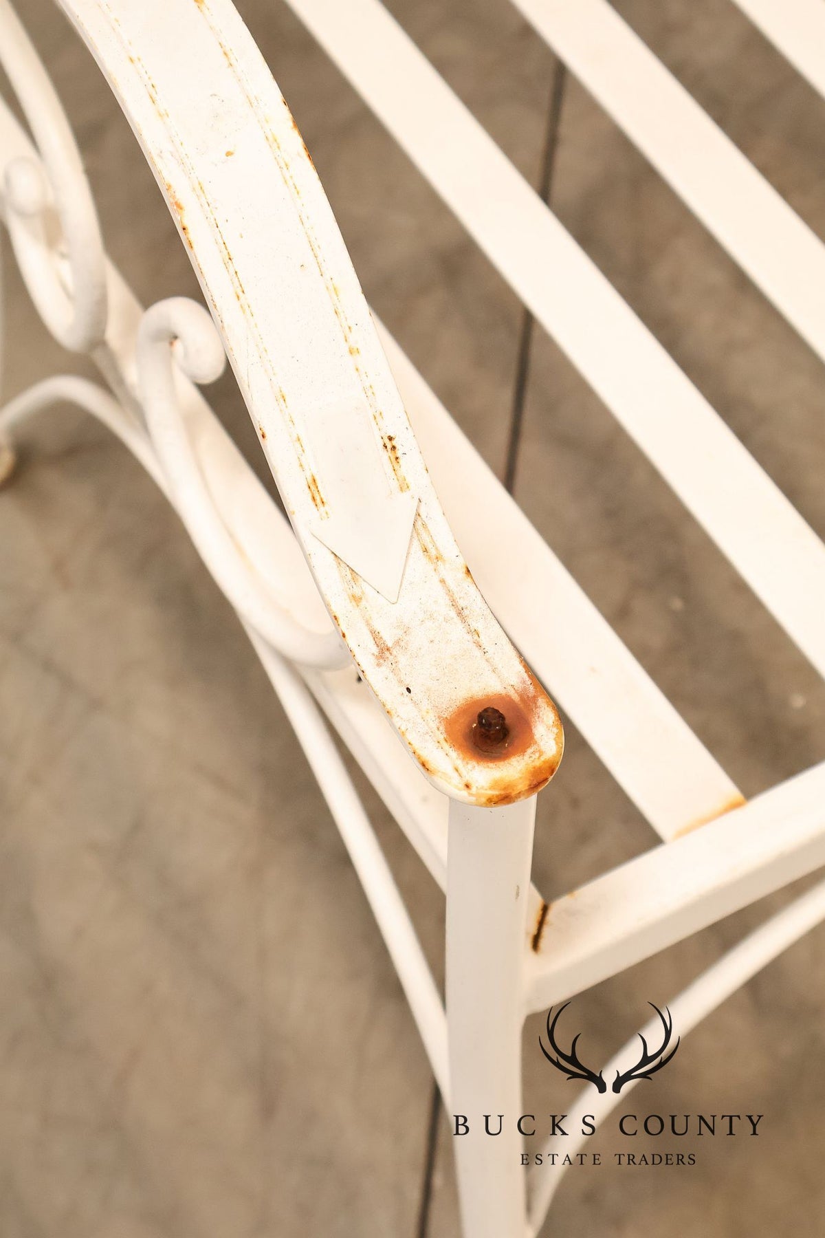 Woodard Vintage White Painted Wrought Iron Garden Bench With Scrollwork Back