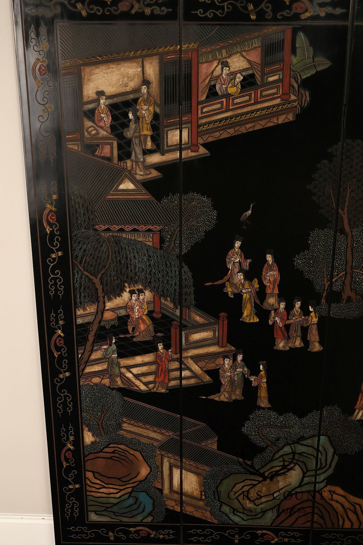 Asian Style Black Vintage Lacquer Six Panel Folding Screen