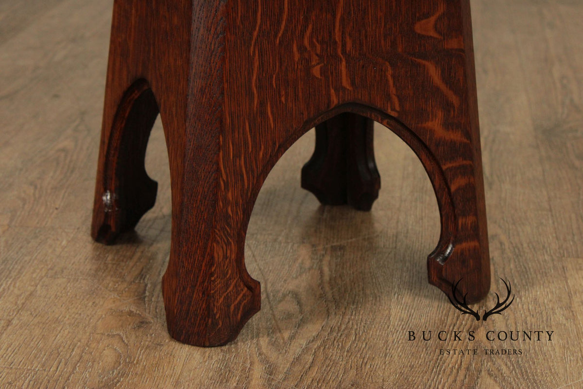 Arts and Crafts Antique Pair of Oak Cut-Out Taboret Side Tables