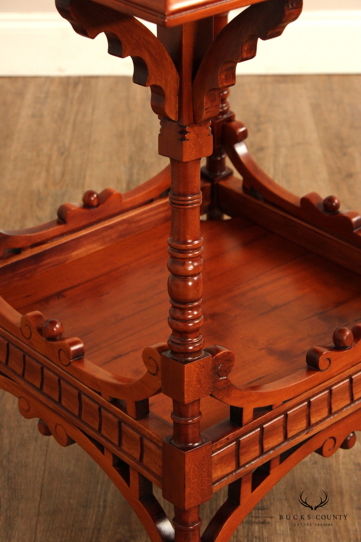 Antique Victorian Carved Cherry Two-Tier Lamp Table
