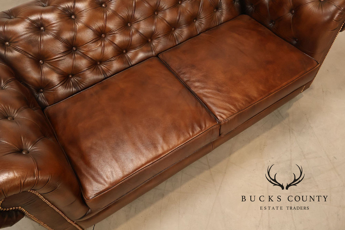 Chesterfield Style 6 Foot Cognac Brown Tufted Leather Sofa