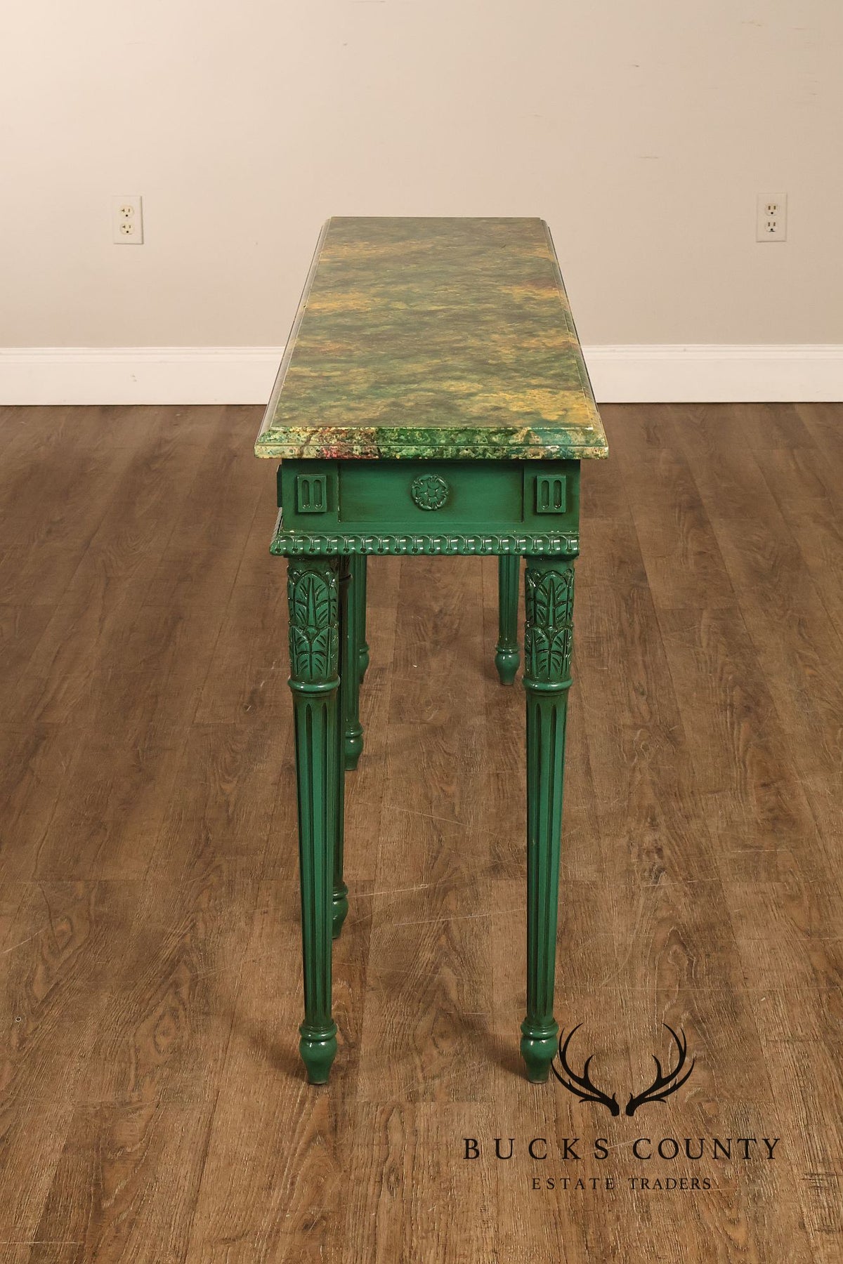 Neoclassical Style Narrow Custom Quality Console Table With Faux Marble Top