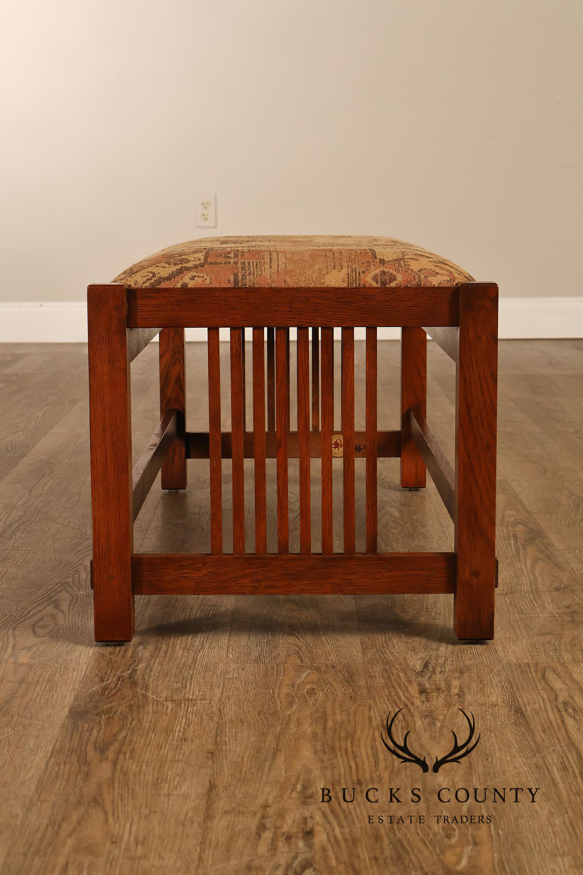 Stickley Mission Collection Oak Spindle Bench With Upholstered Seat