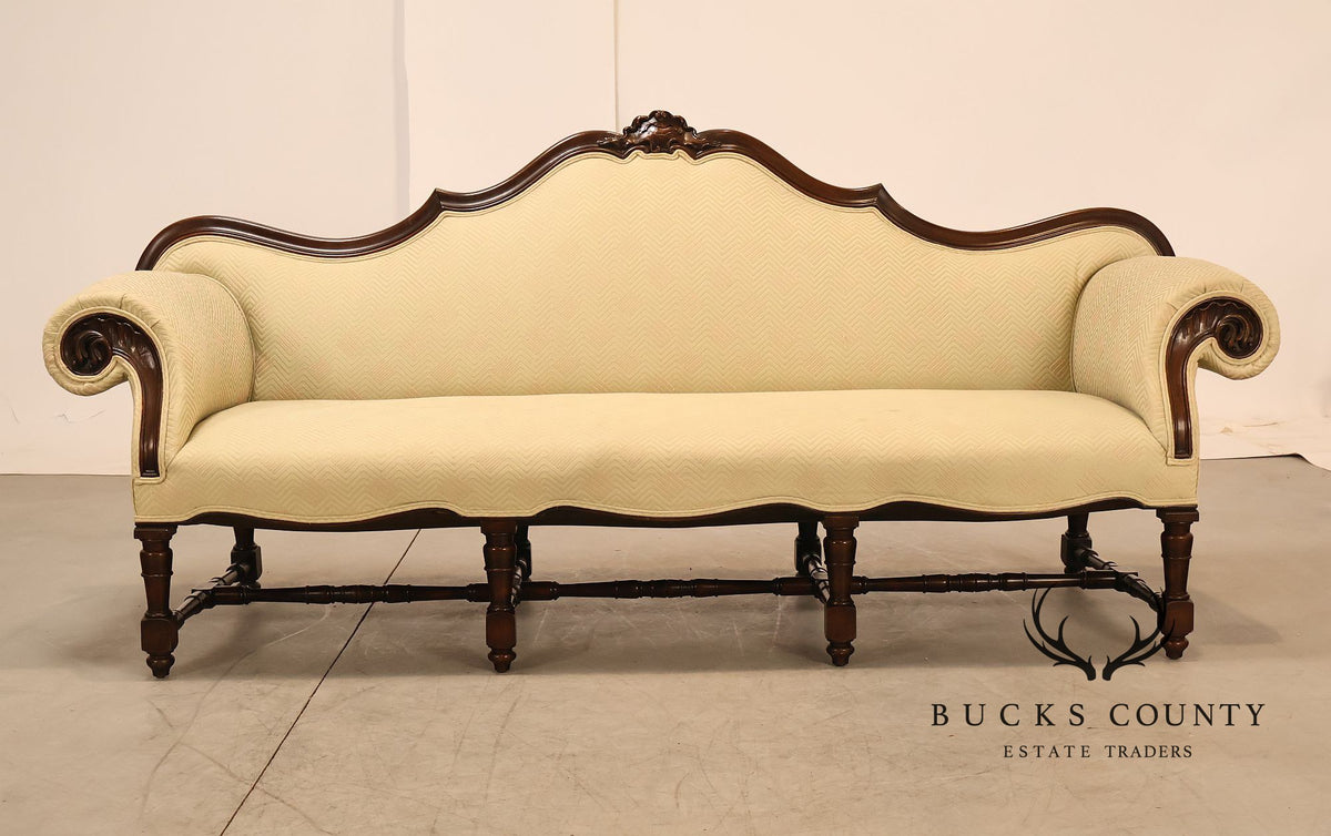 Antique Italian Rococo Carved Walnut Frame Long Sofa