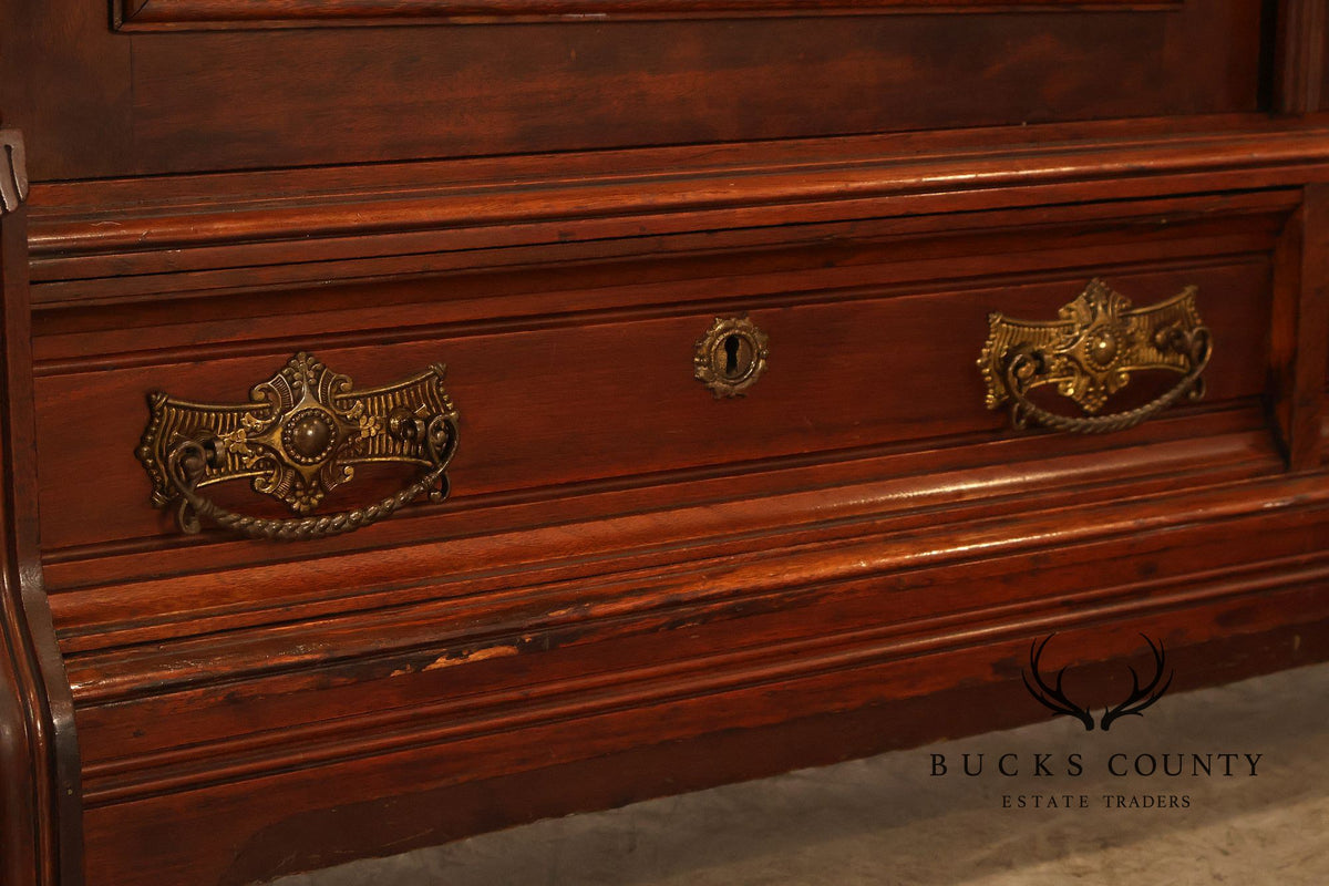 Antique Victorian Carved Walnut and Glass Bookcase