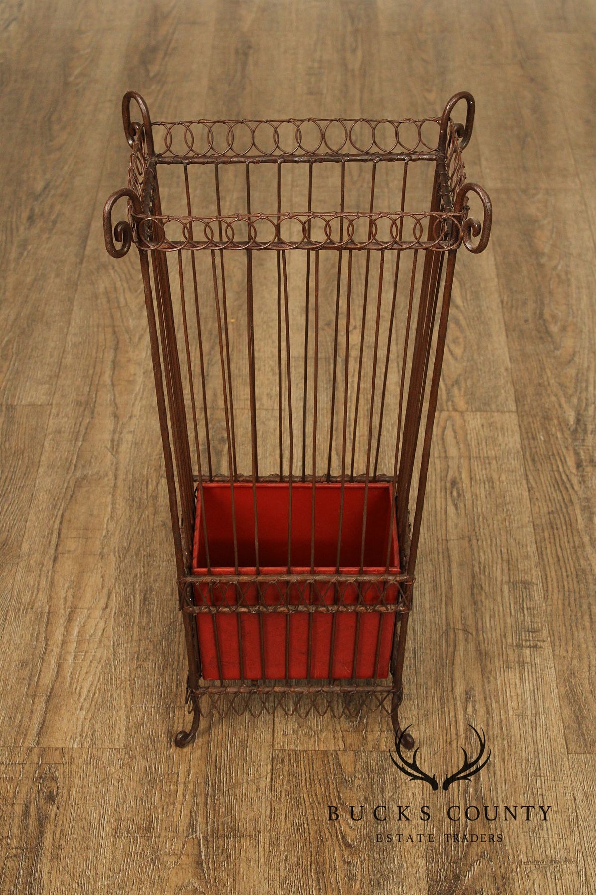 Vintage Wrought Iron Umbrella Stand with Red Liner