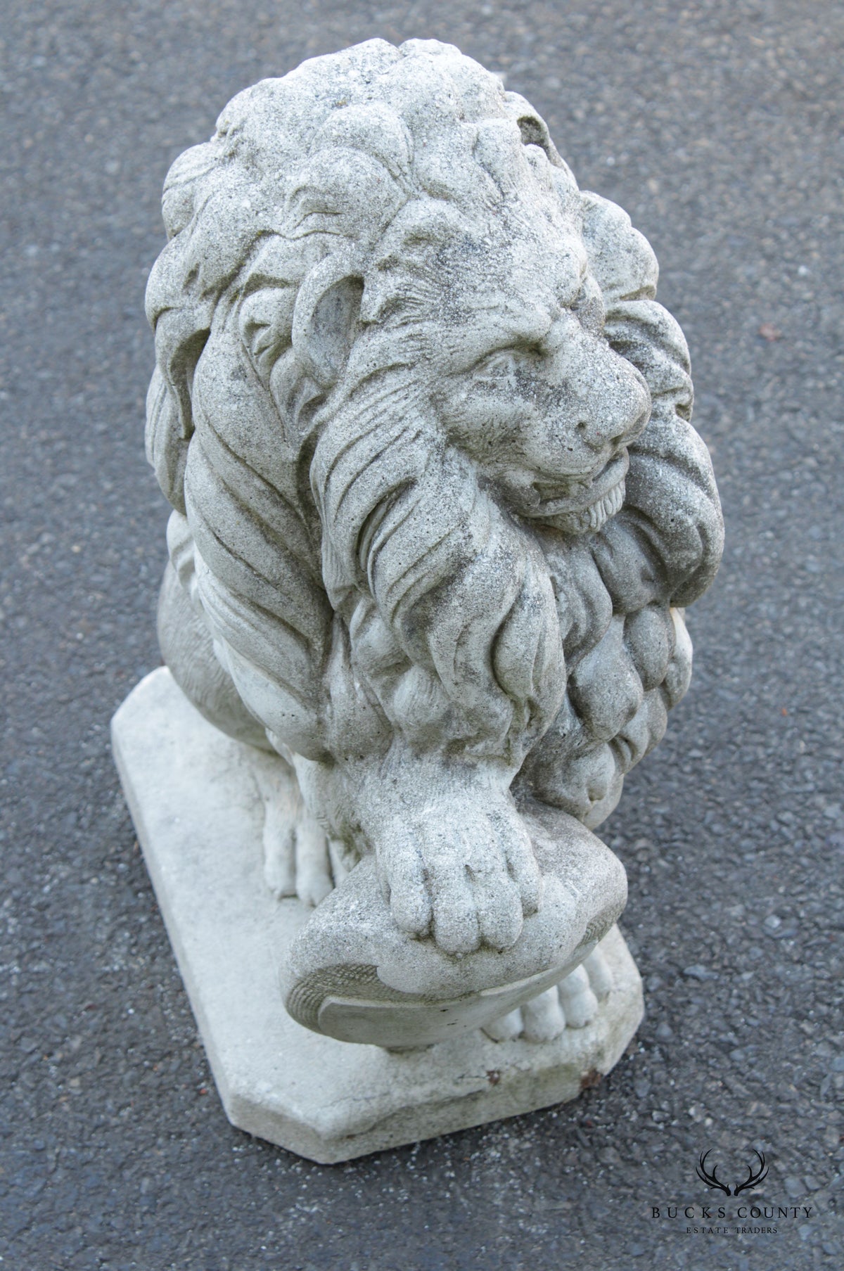 Vintage Cast Stone Lion with Shield Garden Statue