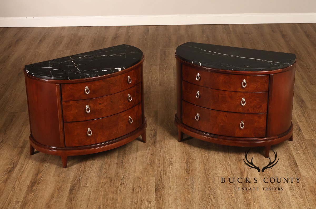 Thomasville Bogart Collection Pair of Marble Top Burlwood Commodes