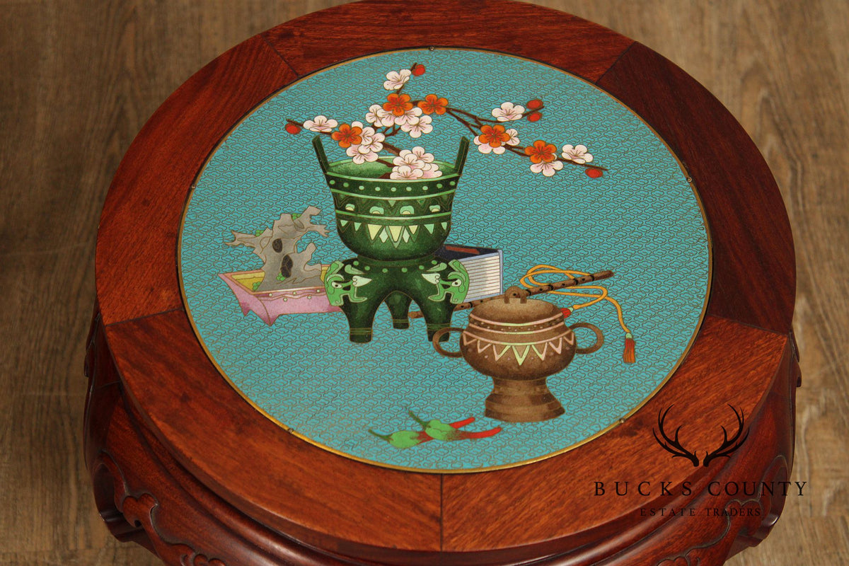 Pair of Chinese Style Cloisonné Inset Top Hardwood Accent Tables