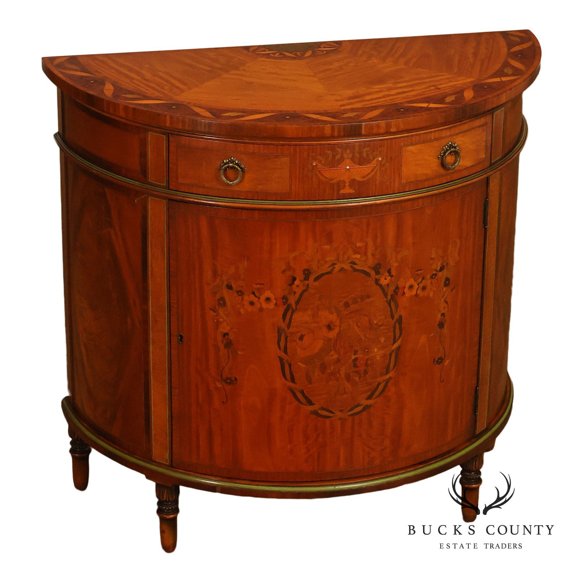 Neoclassical Style Inlaid Demilune Cabinet With Interior Drawers