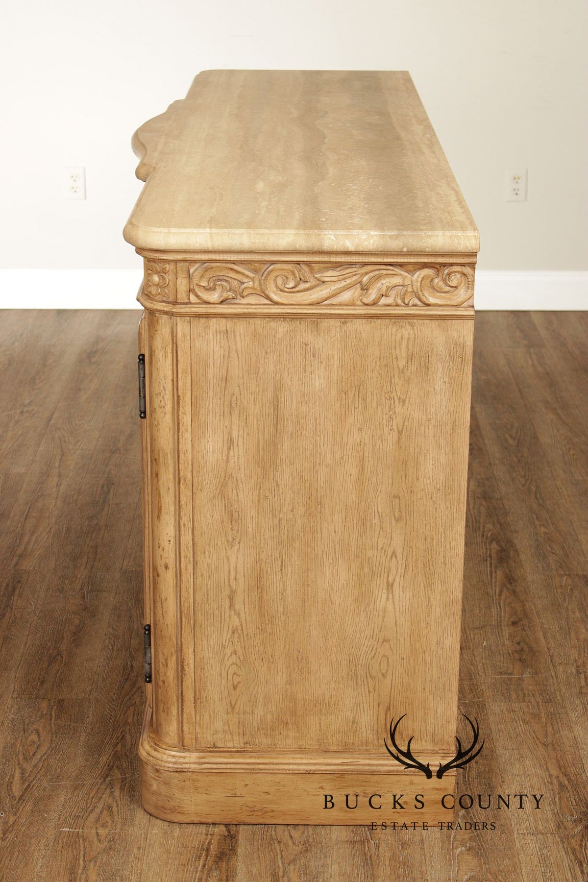 Bernhardt Tuscan Style Carved Cerused Oak Sideboard With Travertine Top
