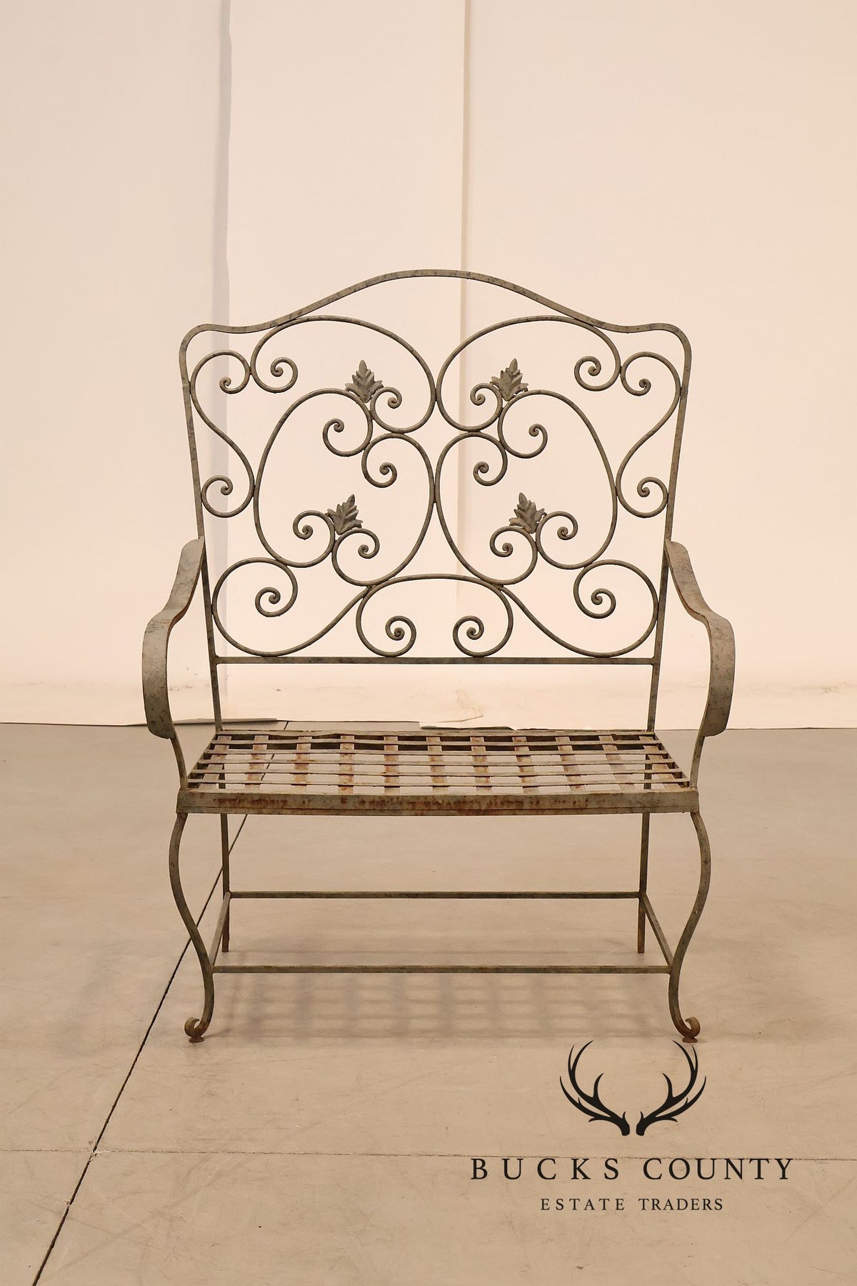 Vintage Wrought Iron Garden Bench With Scrollwork Back