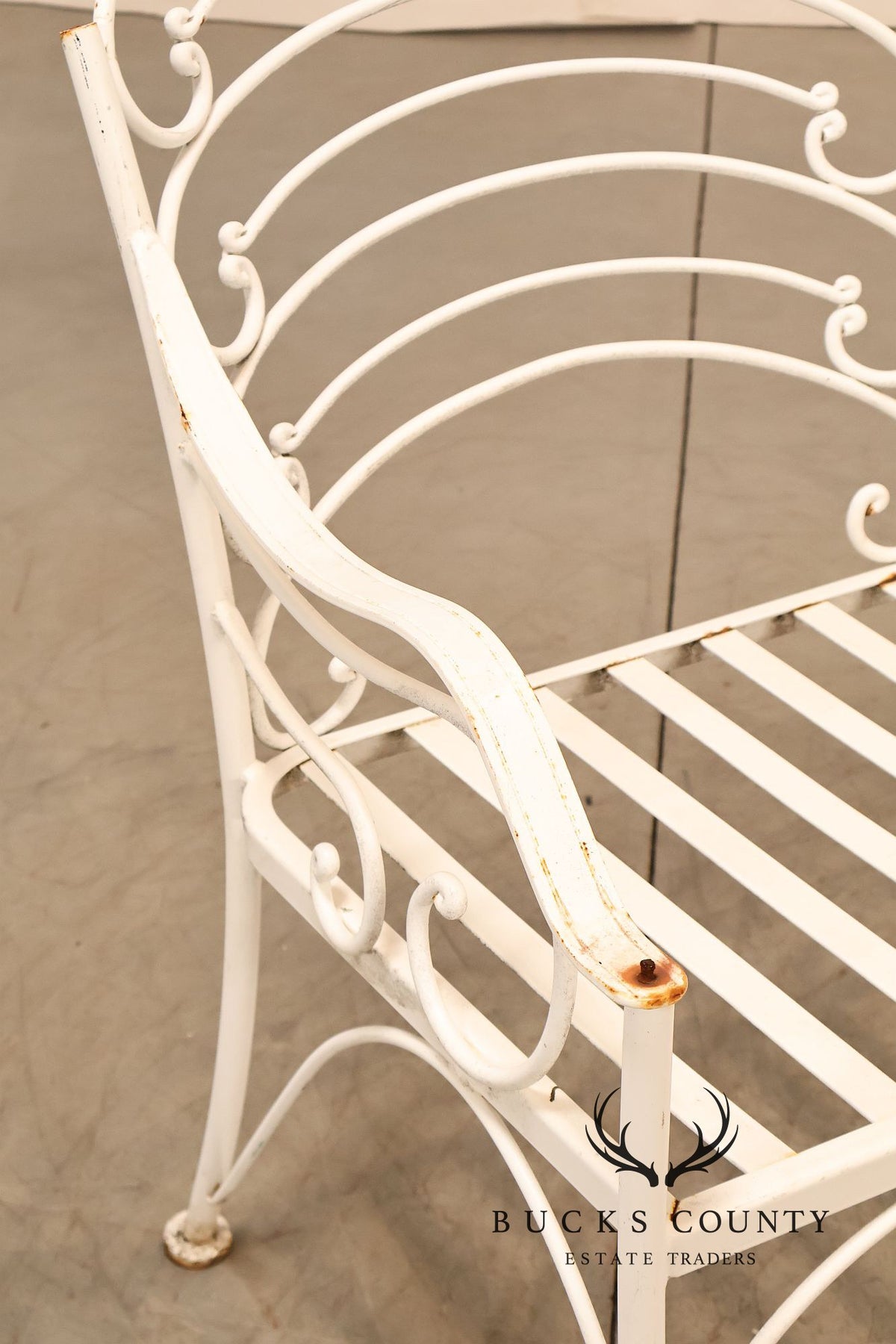 Woodard Vintage White Painted Wrought Iron Garden Bench With Scrollwork Back