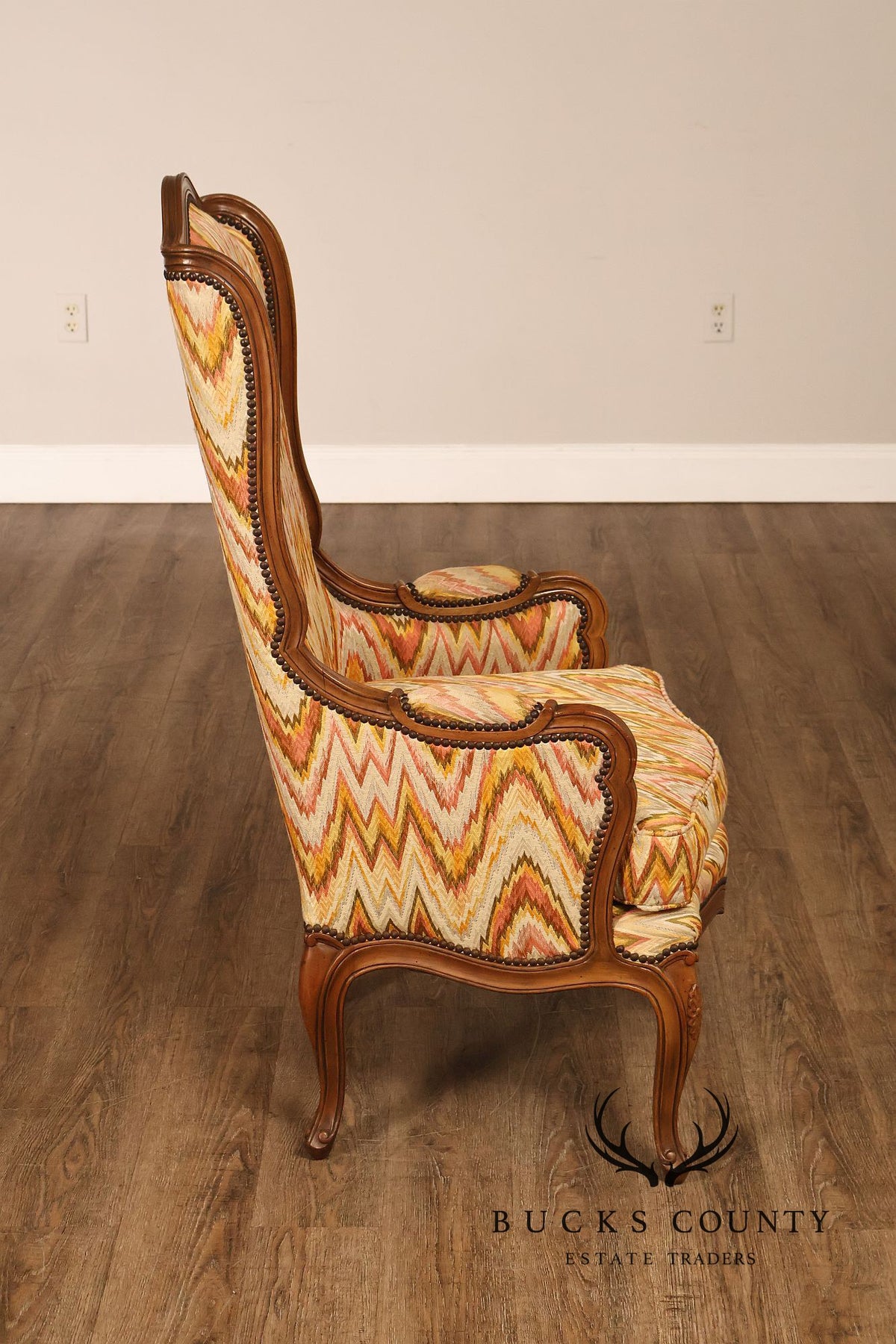 Baker Furniture French Style High Back Upholstered Wingback Armchair with Nailhead Trim