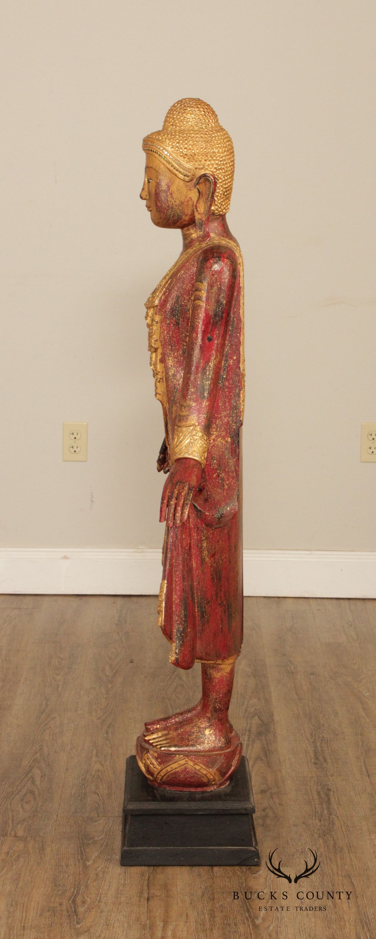 Burmese Mandalay Gilded Red Lacquer Tall Standing Buddha