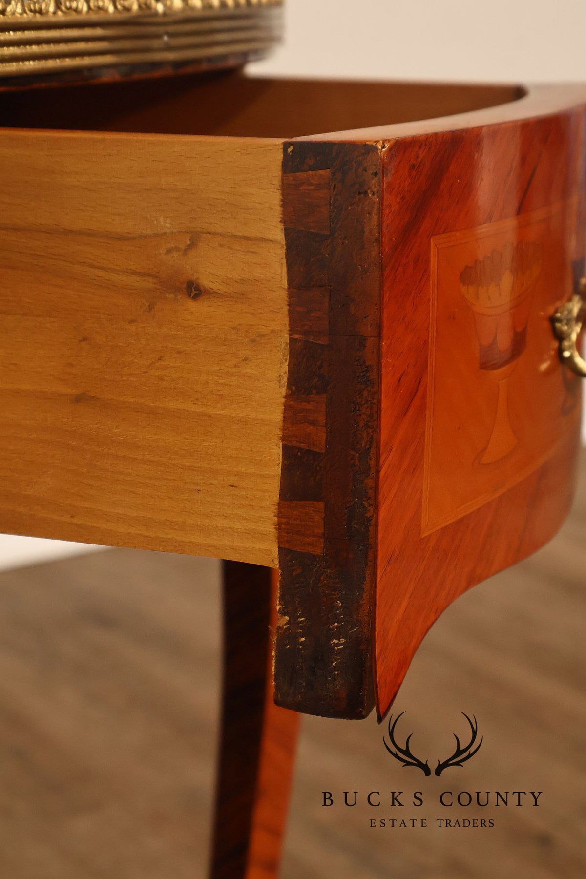 French Louis XVI Style Inlaid Oval Accent Table With Ormolu Mounts