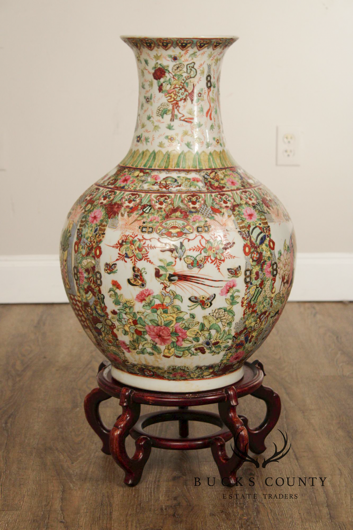 Chinese Rose Medallion Porcelain Palace Floor Vase on Stand
