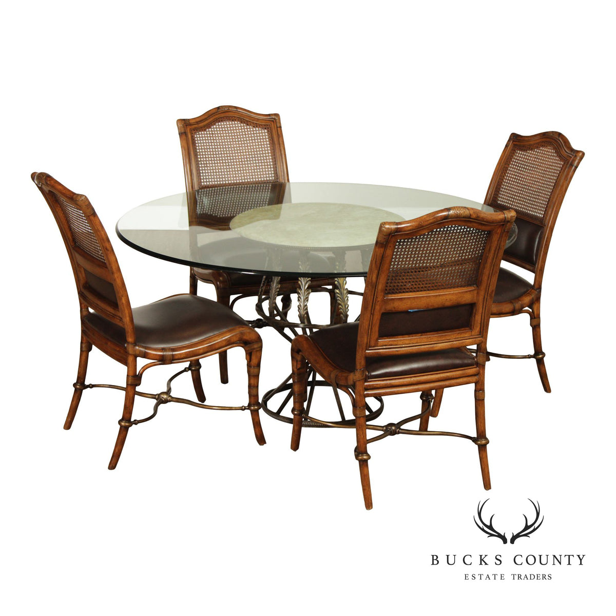 Drexel Heritage Coastal Style Round Glass Top Dining Table With Four Cane Back Chairs