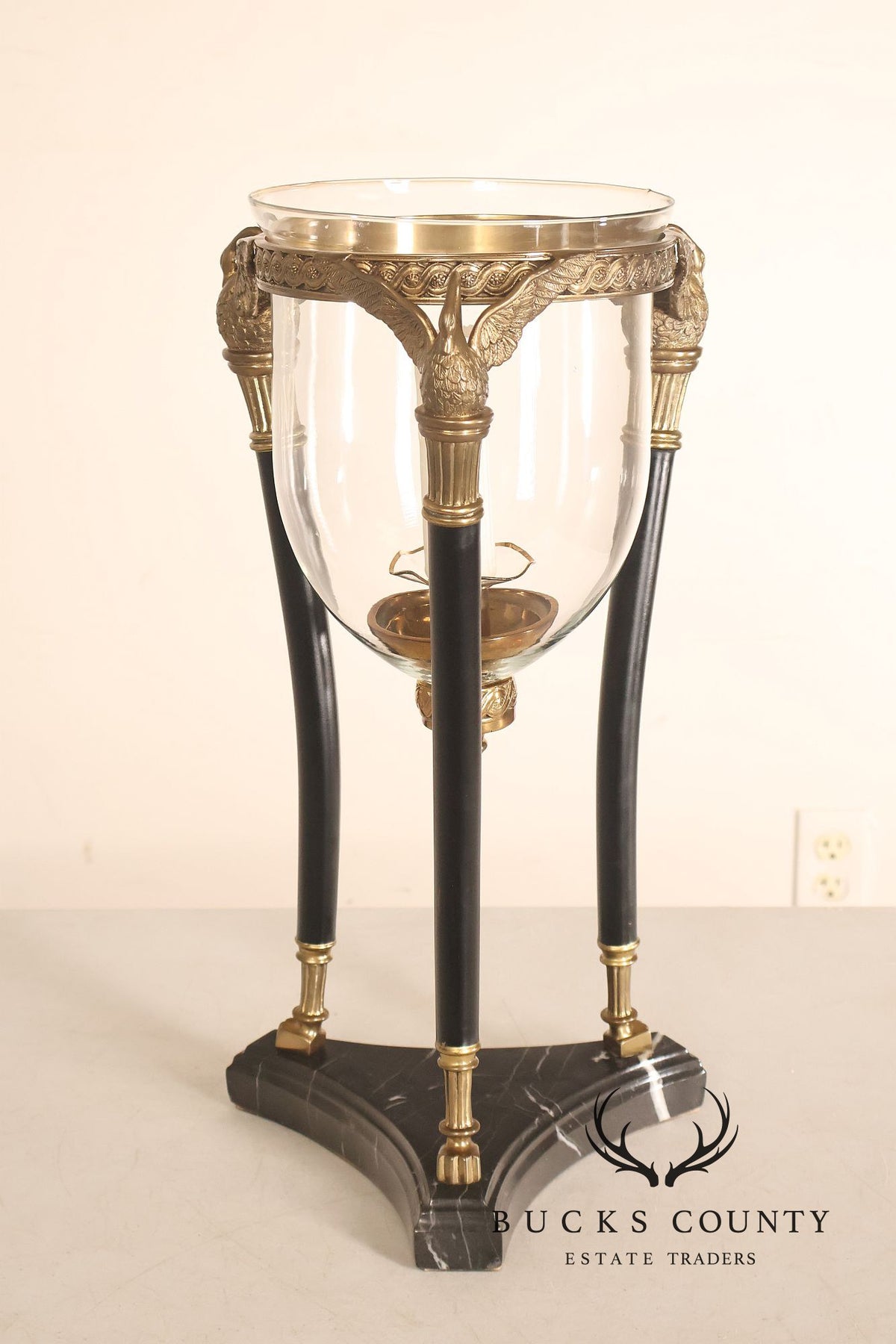 Empire Style Brass Swan And Marble Hurricane Candle Holder