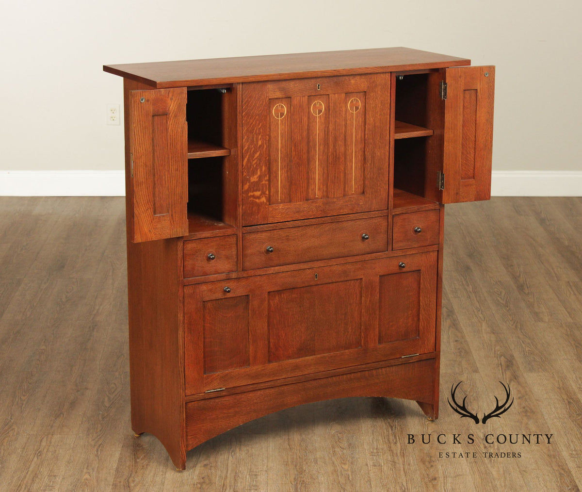 Stickley Mission Oak Harvey Ellis Inlaid Drop Front Secretary Desk And Wine Cabinet