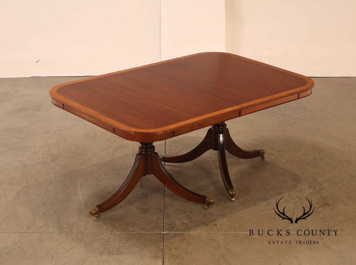 Mahogany And Satinwood Banded Double Pedestal Extension Dining Table With Two Leaves