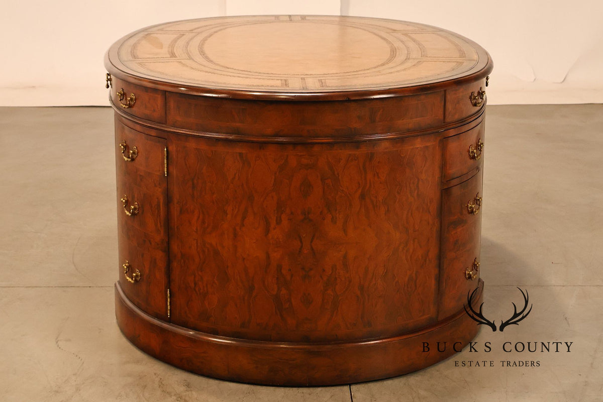 Maitland-Smith Oval Burl Wood Leather Top Partner Desk with Brass Hardware