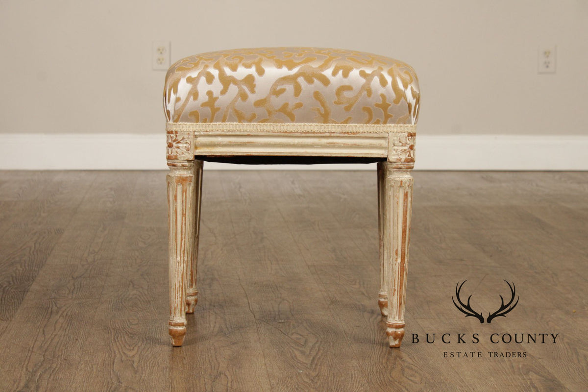 French Louis XVI Style Vintage Pair Painted Stools With Upholstered Seats