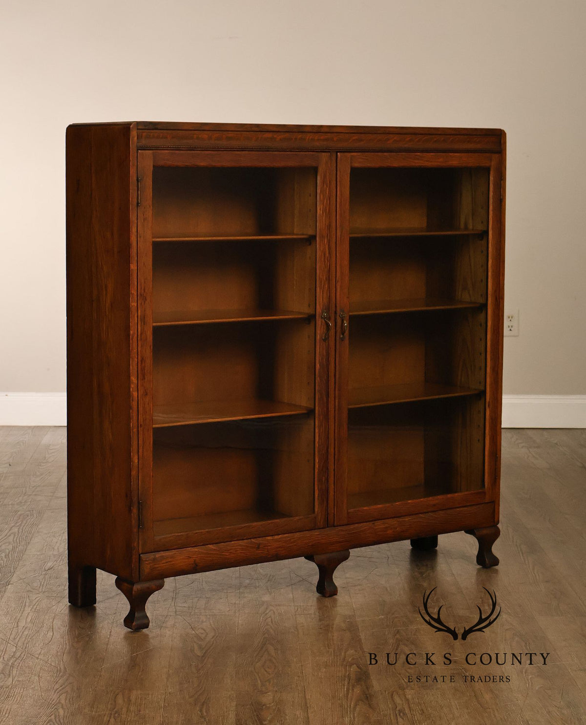 Antique Oak Two Door Glass Front Bookcase