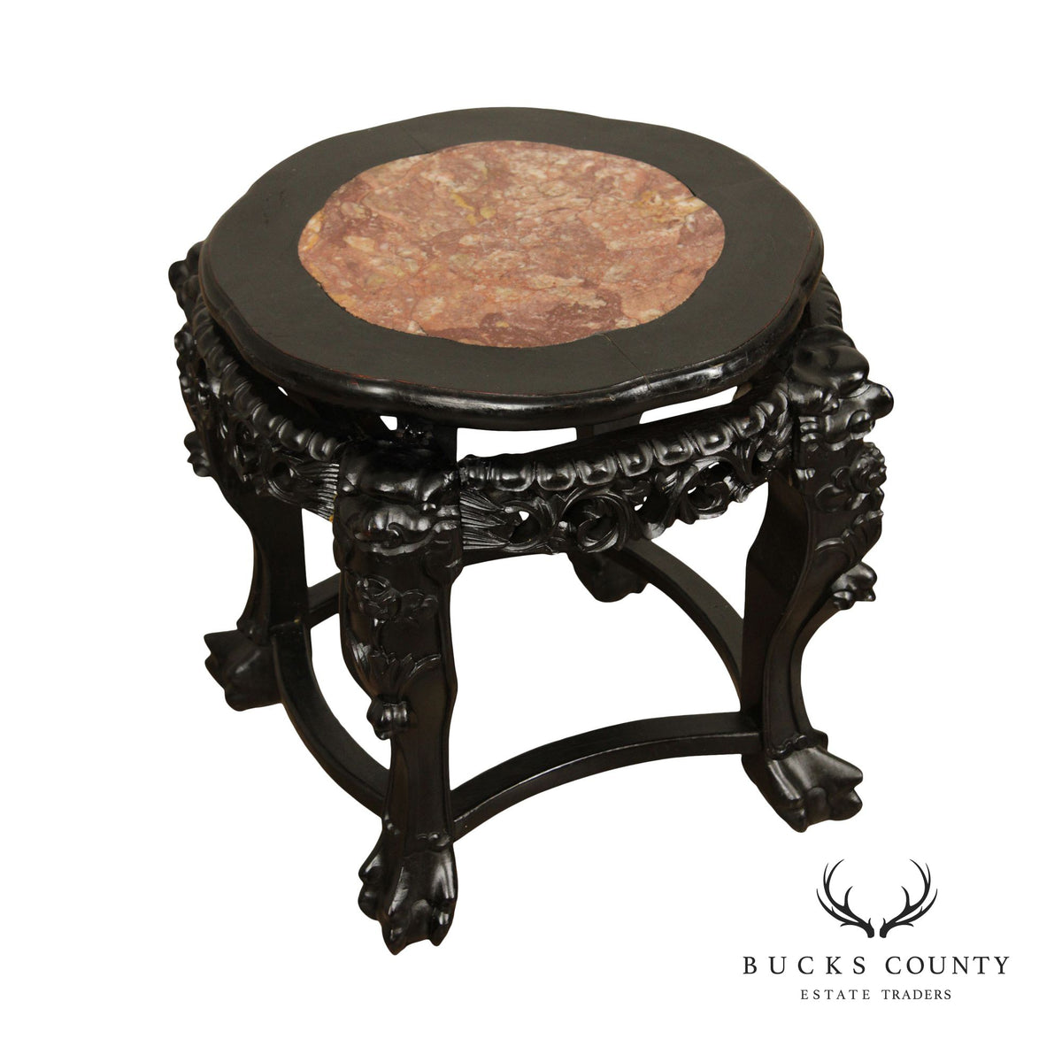 Chinese Carved Wood Stone-Top Low Stand