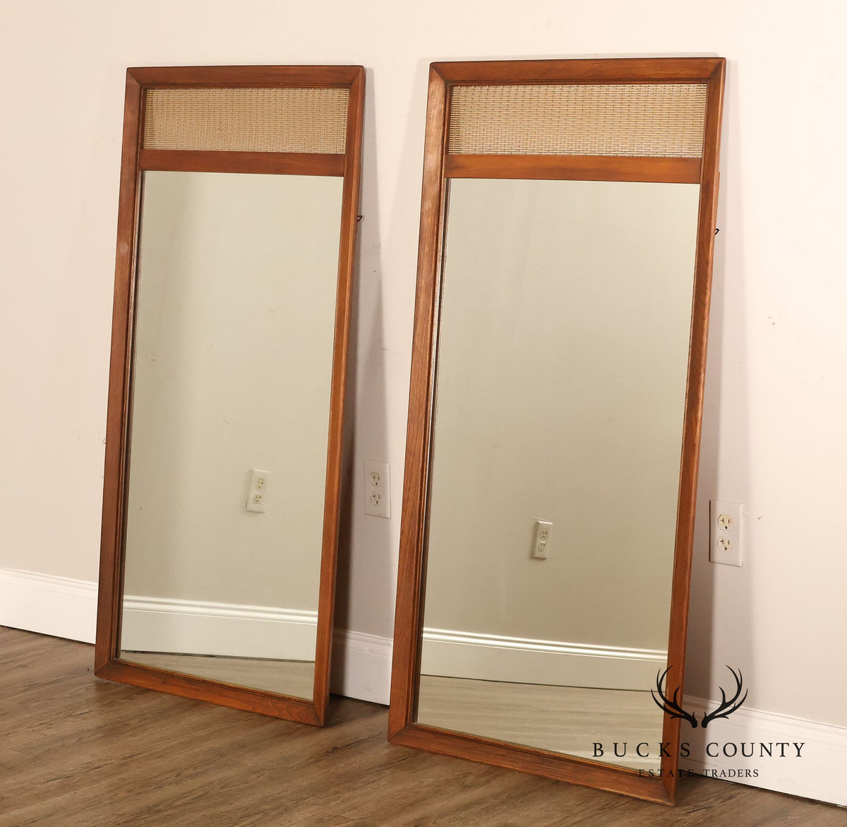 Mid Century Modern Pair of Walnut and Woven Brass Wall Mirrors