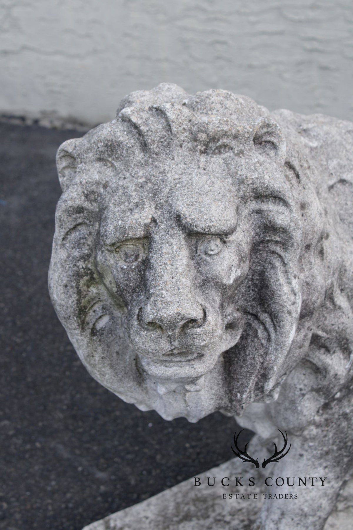 Vintage Pair Of Cast Stone Standing Lion Garden Statues