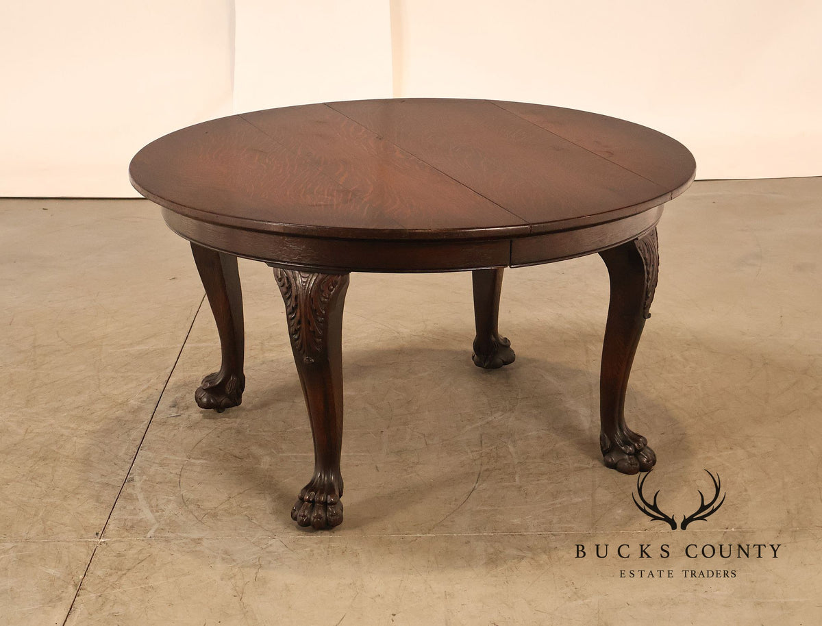 Antique Renaissance Revival Round Oak Expandable Dining Table