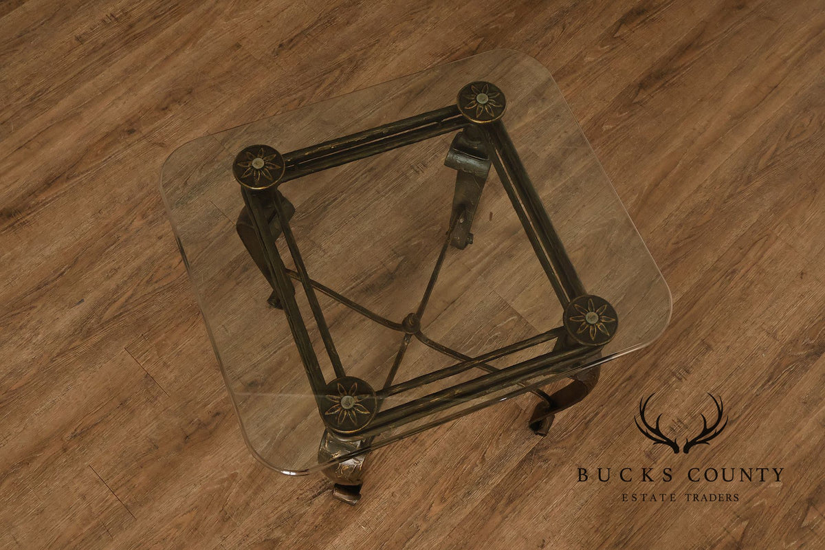 Neoclassical Revival Glass Top Metal Accent Table