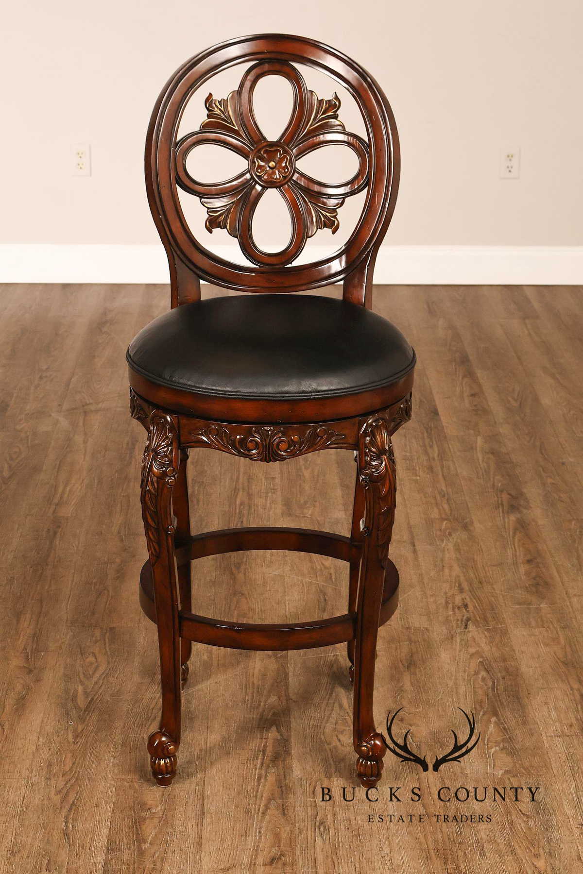 Quality Set Of Four Carved Mahogany Swivel Bar Stools