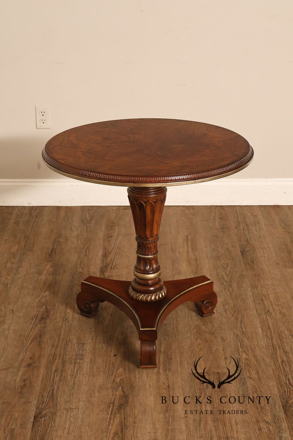 Drexel Heritage Round Burl Wood Veneer Pedestal Accent Table