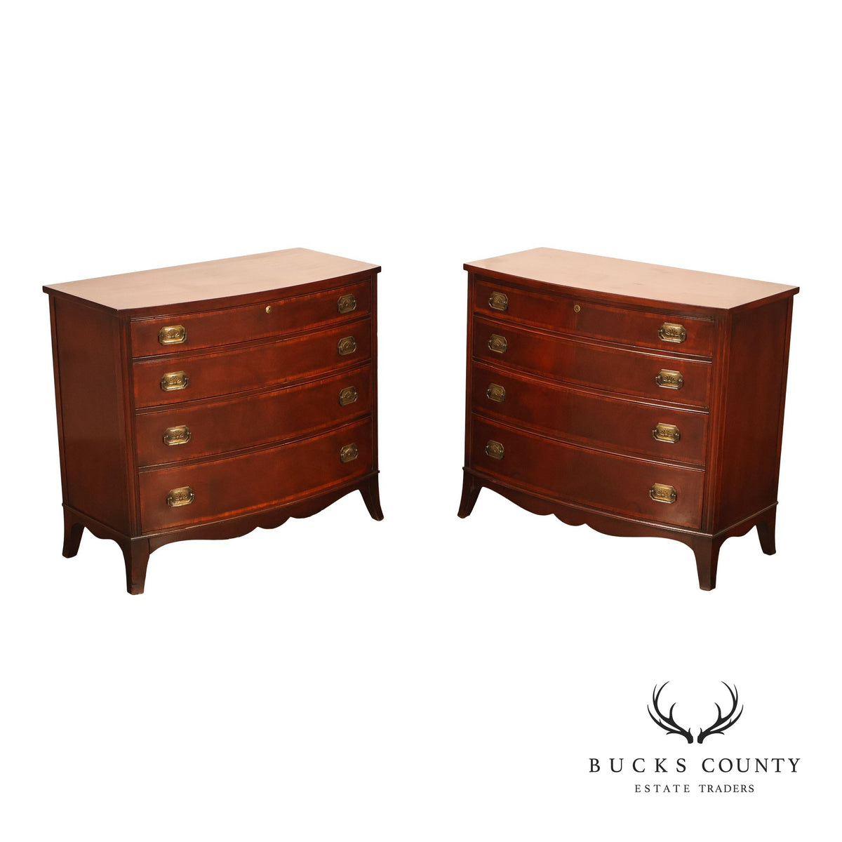 Drexel Pair Of Banded Mahogany Bow Front Bachelor Chests