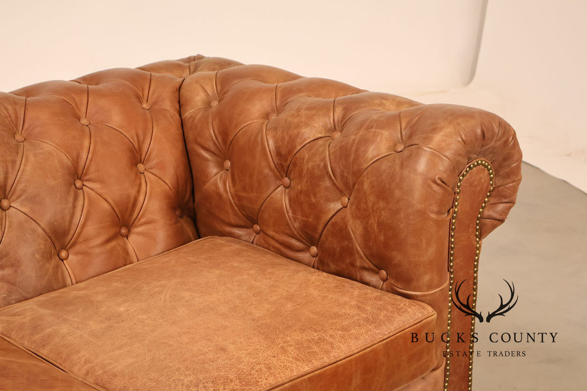 Chesterfield Style 7 Foot Distressed Brown Tufted Leather Sofa